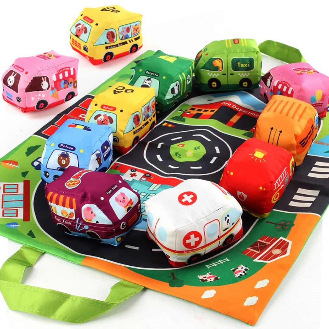 2in1 sensory plush toy cars with road mat and bag for on the go - Image 3