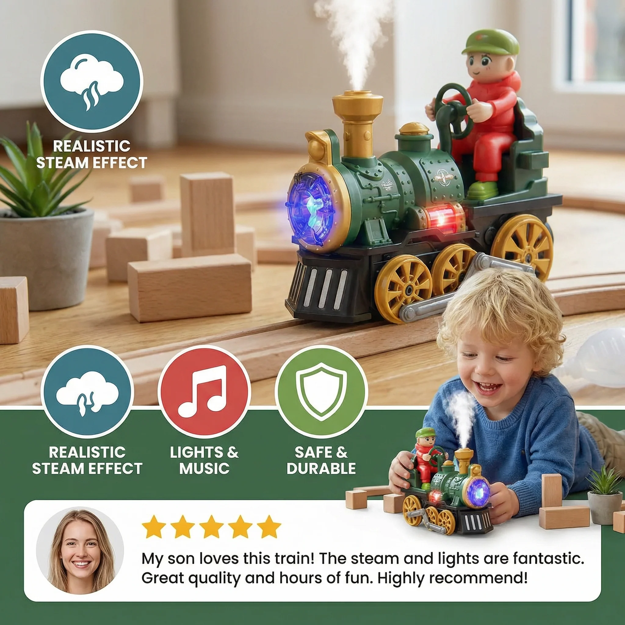 Cute Steam Train Toy with Lights, Music & Realistic Steam Effect - Image 2