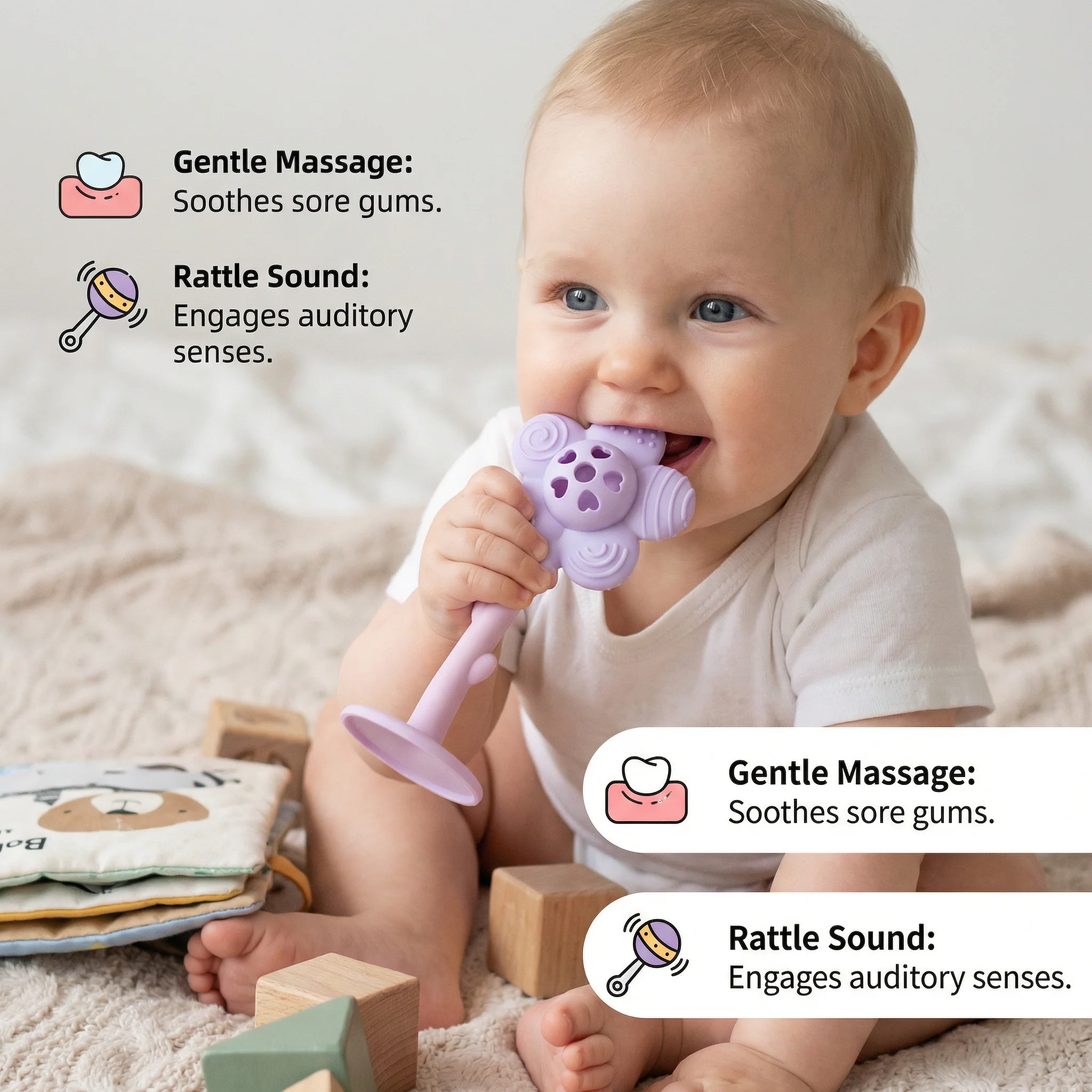 Flower Silicone Teether & Rattle – Gentle BPA-Free Teething Toy for Babies - Image 3
