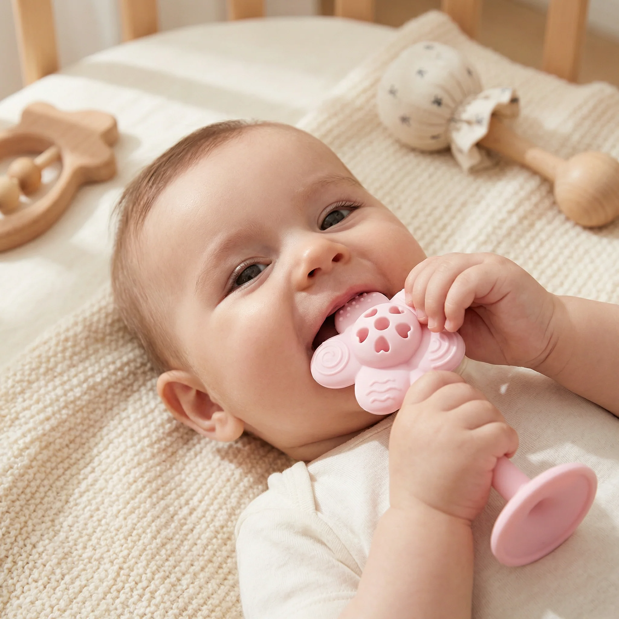 Flower Silicone Teether & Rattle – Gentle BPA-Free Teething Toy for Babies - Image 6