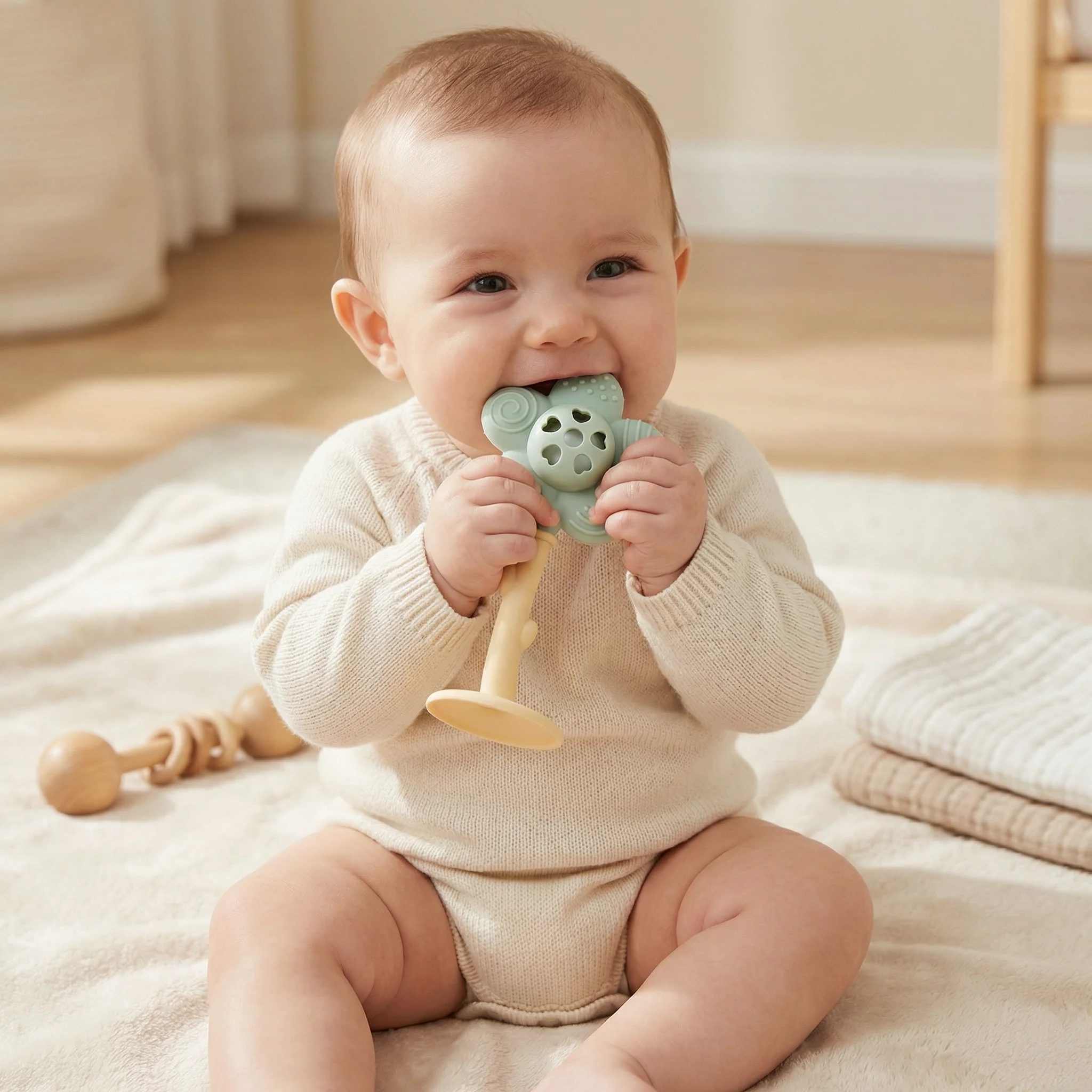 Flower Silicone Teether & Rattle – Gentle BPA-Free Teething Toy for Babies - Image 7