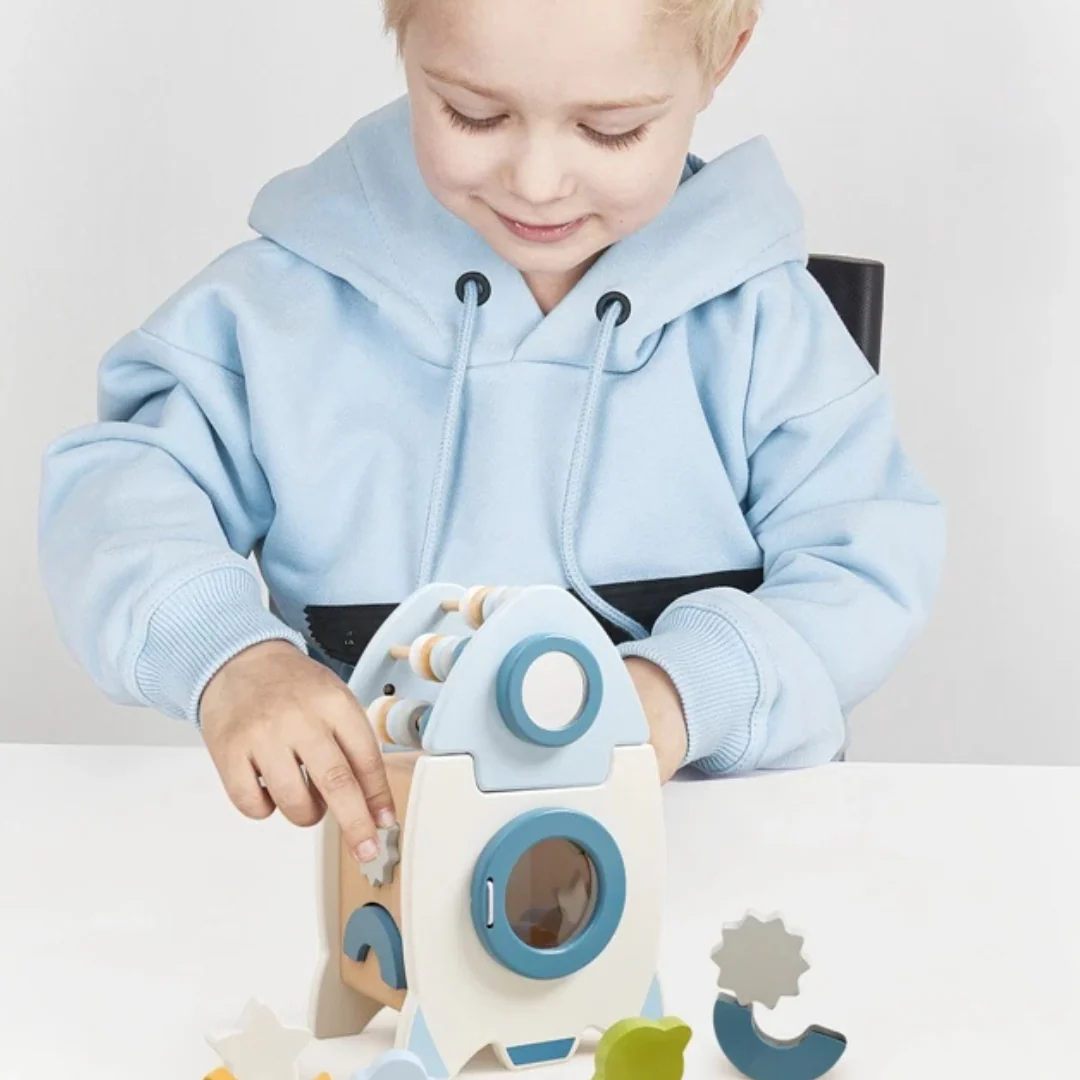 Handmade Montessori Wooden Rocket with Various Shapes and Colors - Image 2