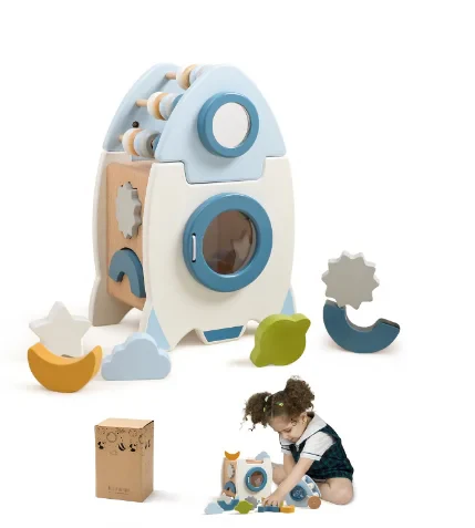 Handmade Montessori Wooden Rocket with Various Shapes and Colors - Image 3