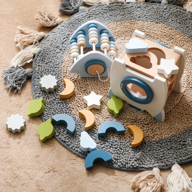 Handmade Montessori Wooden Rocket with Various Shapes and Colors - Image 4