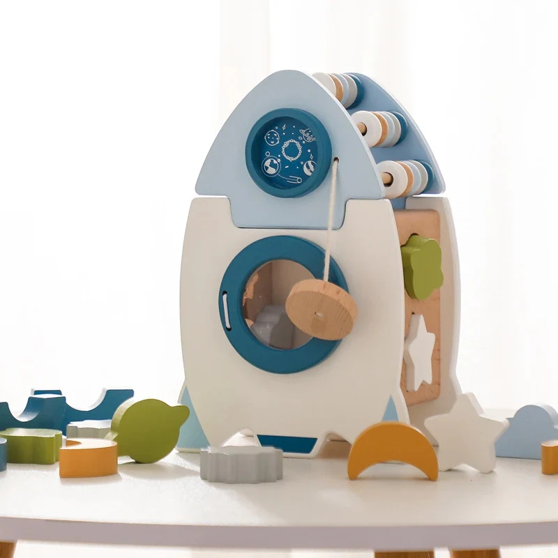 Handmade Montessori Wooden Rocket with Various Shapes and Colors - Image 6