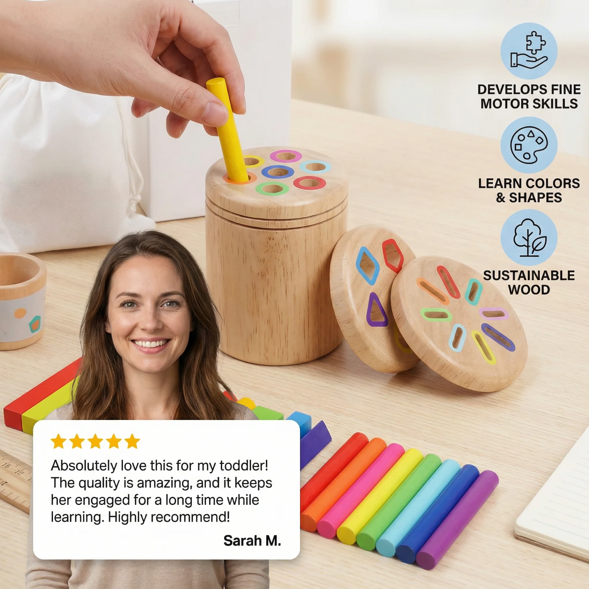 Montessori Wooden Colour & Shape Sorting Toy – Fine Motor Skills Learning Puzzle - Image 2