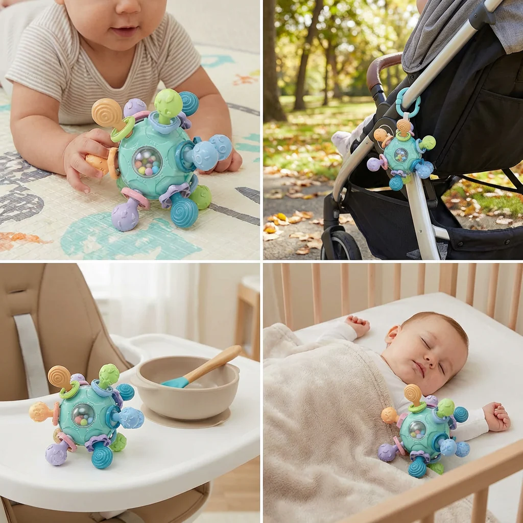 Sensory Baby Activity Ball with Silicone Teether and Rattle - Image 4
