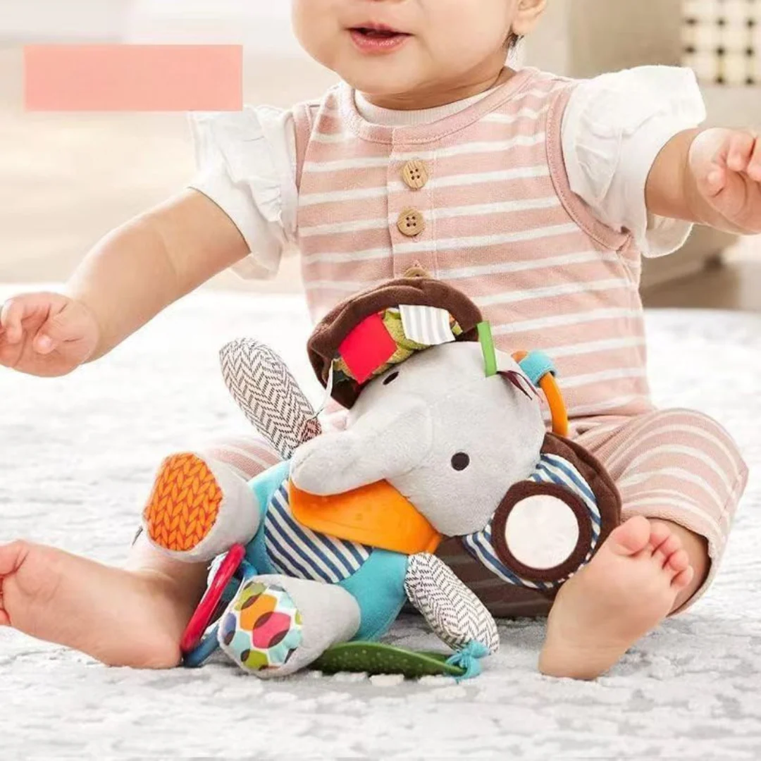Sensory baby plush toy with rattle and silicone attachment for teething - Image 3