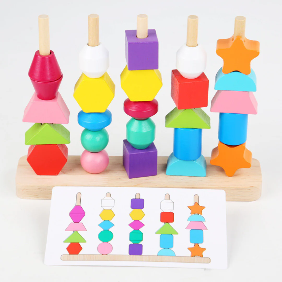 Wooden Montessori colors and shapes thread toy - Image 2