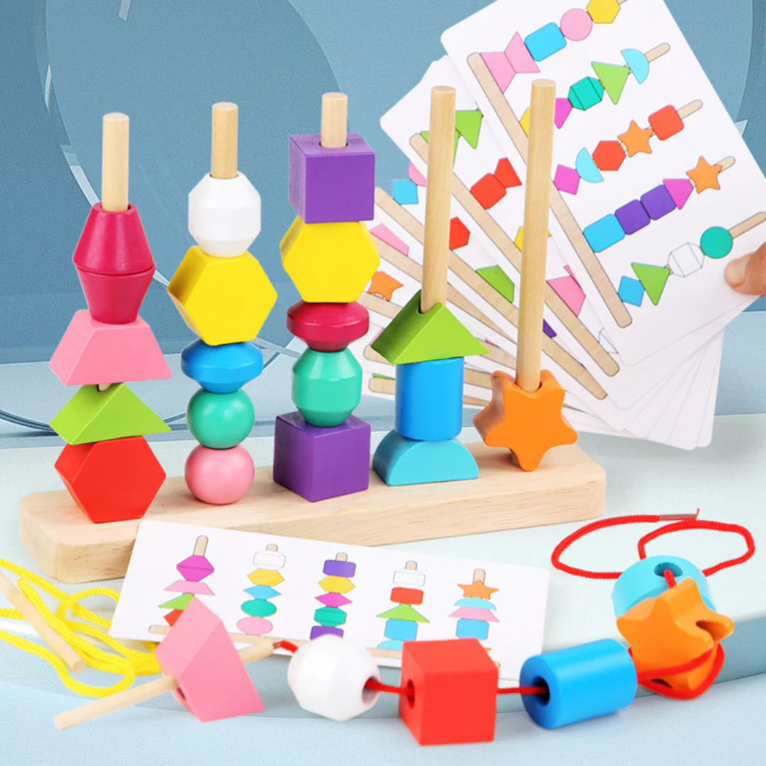 Wooden Montessori colors and shapes thread toy - Image 5